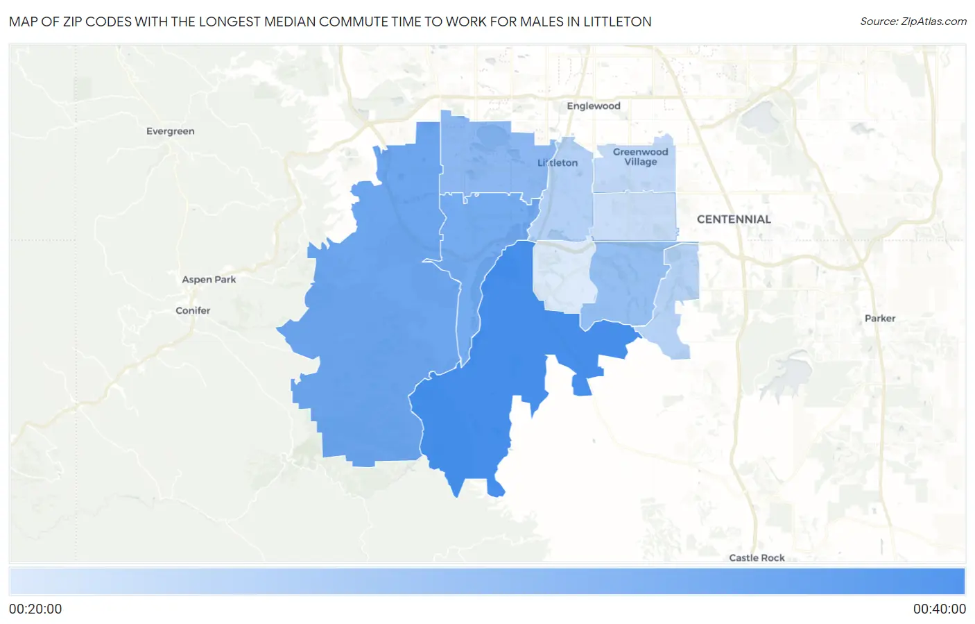 Zip Codes with the Longest Median Commute Time to Work for Males in Littleton Map