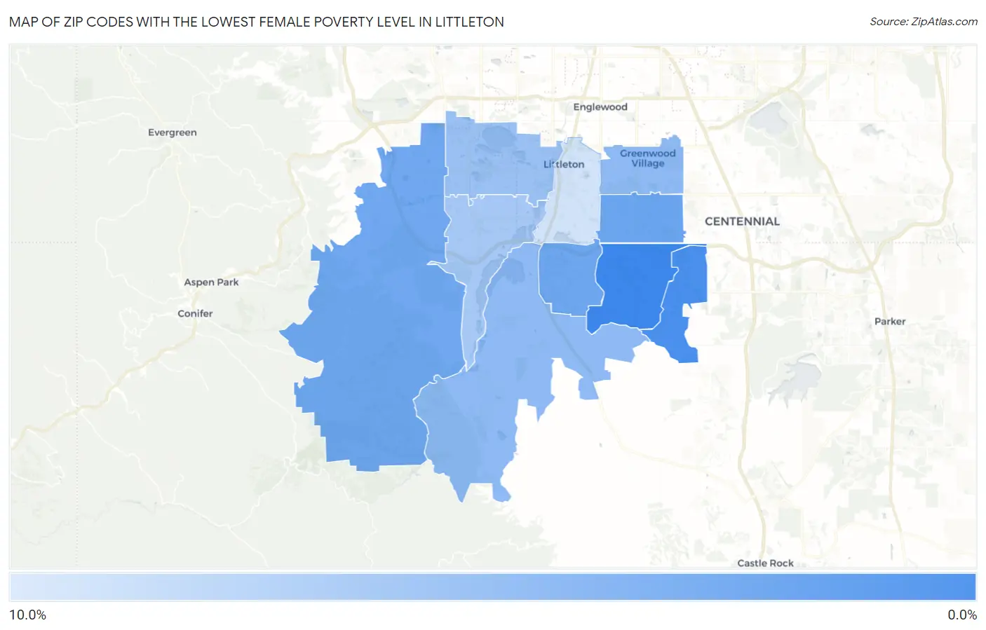 Zip Codes with the Lowest Female Poverty Level in Littleton Map