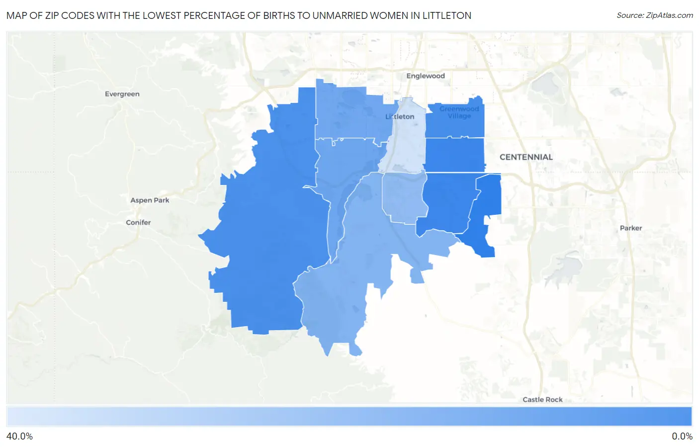 Zip Codes with the Lowest Percentage of Births to Unmarried Women in Littleton Map