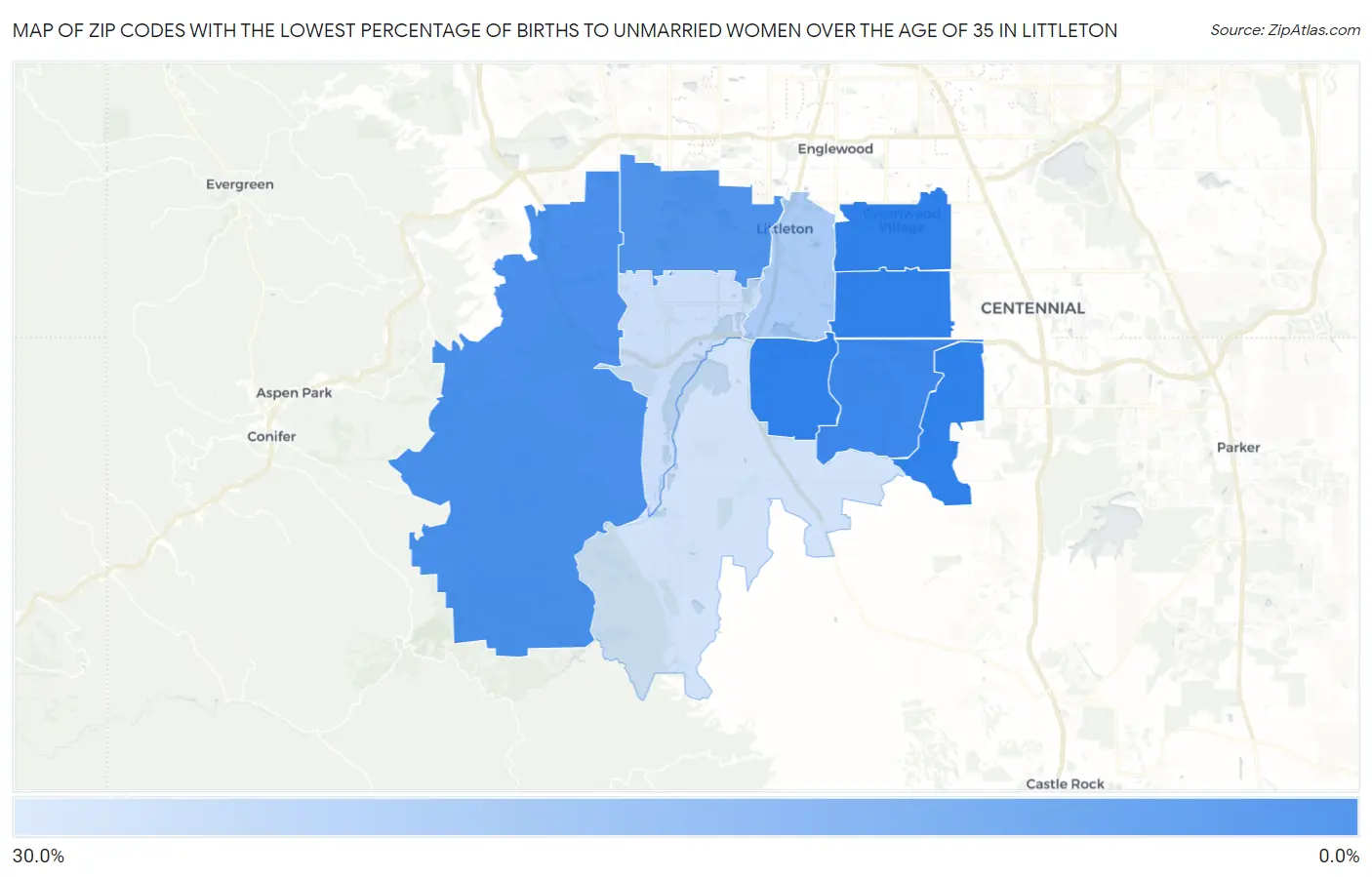 Zip Codes with the Lowest Percentage of Births to Unmarried Women over the Age of 35 in Littleton Map
