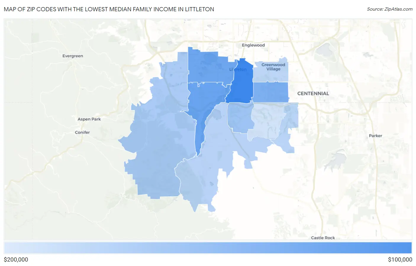 Zip Codes with the Lowest Median Family Income in Littleton Map