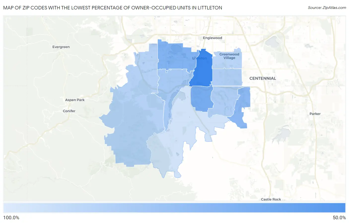 Zip Codes with the Lowest Percentage of Owner-Occupied Units in Littleton Map