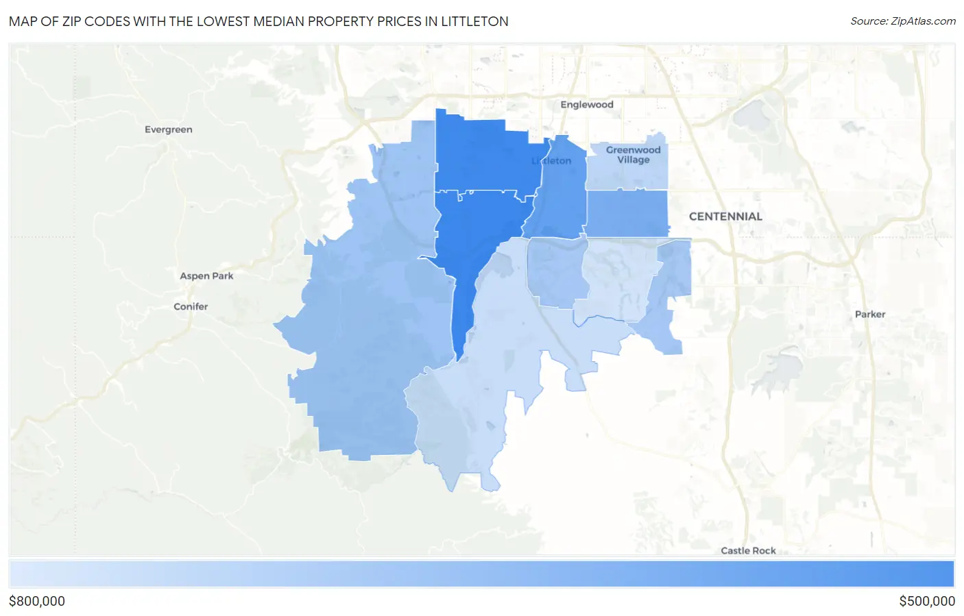 Zip Codes with the Lowest Median Property Prices in Littleton Map