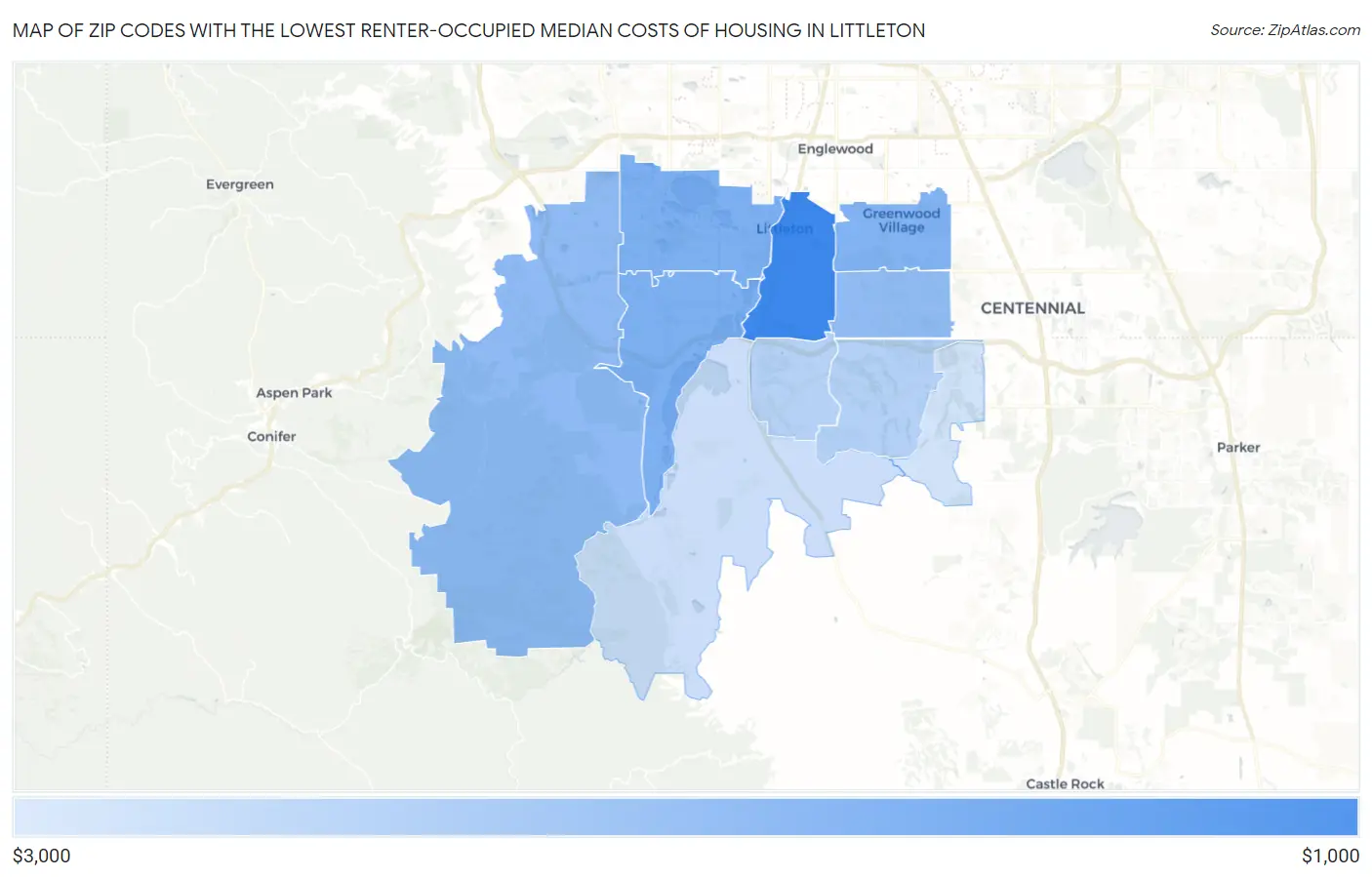 Zip Codes with the Lowest Renter-Occupied Median Costs of Housing in Littleton Map
