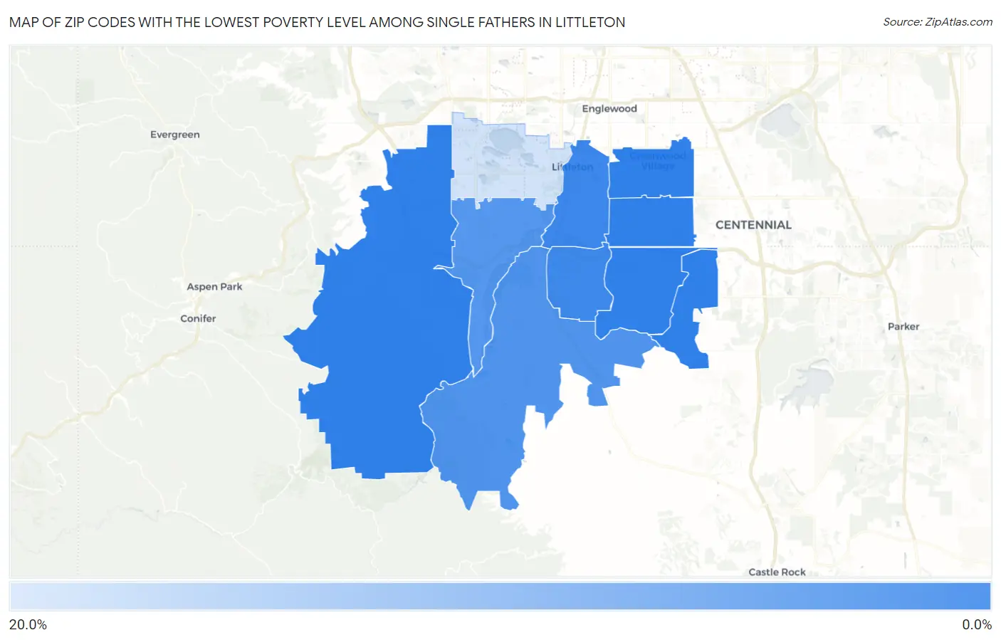 Zip Codes with the Lowest Poverty Level Among Single Fathers in Littleton Map