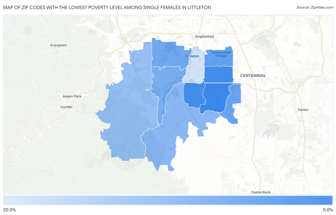 Zip Codes with the Lowest Poverty Level Among Single Females in Littleton Map