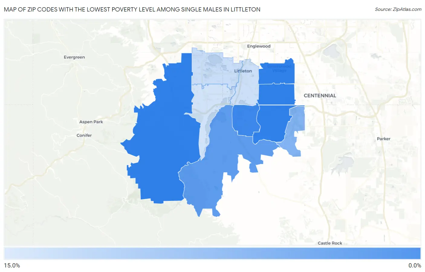 Zip Codes with the Lowest Poverty Level Among Single Males in Littleton Map