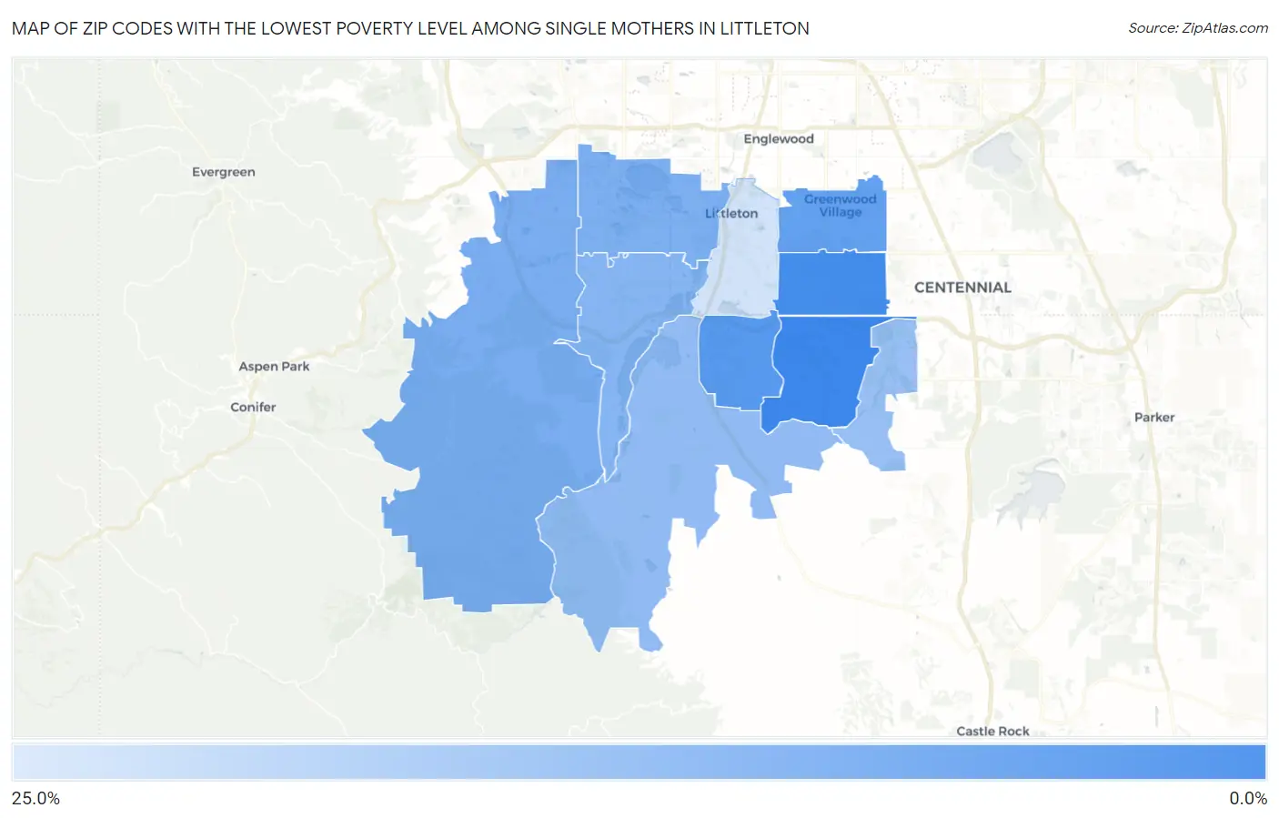 Zip Codes with the Lowest Poverty Level Among Single Mothers in Littleton Map