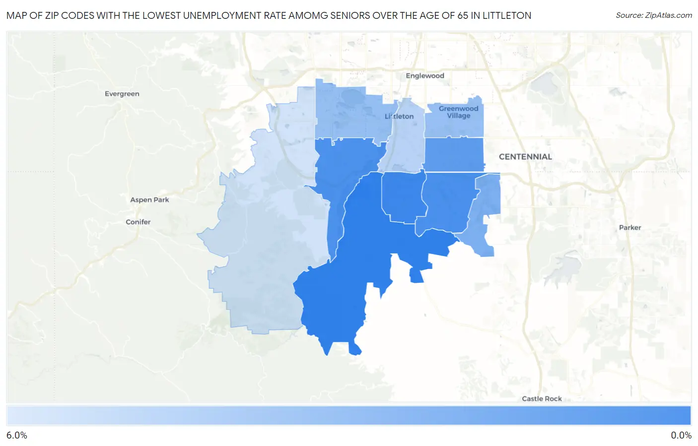 Zip Codes with the Lowest Unemployment Rate Amomg Seniors Over the Age of 65 in Littleton Map