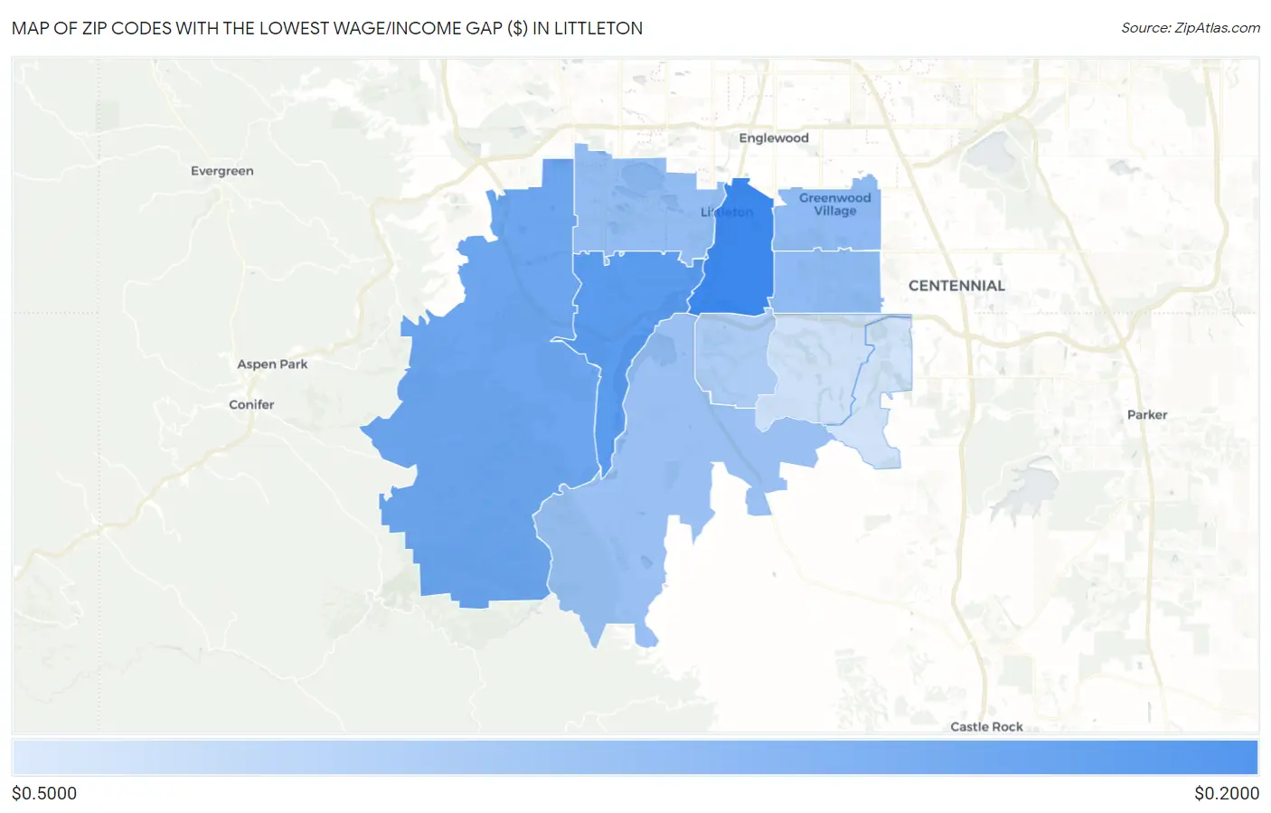 Zip Codes with the Lowest Wage/Income Gap ($) in Littleton Map