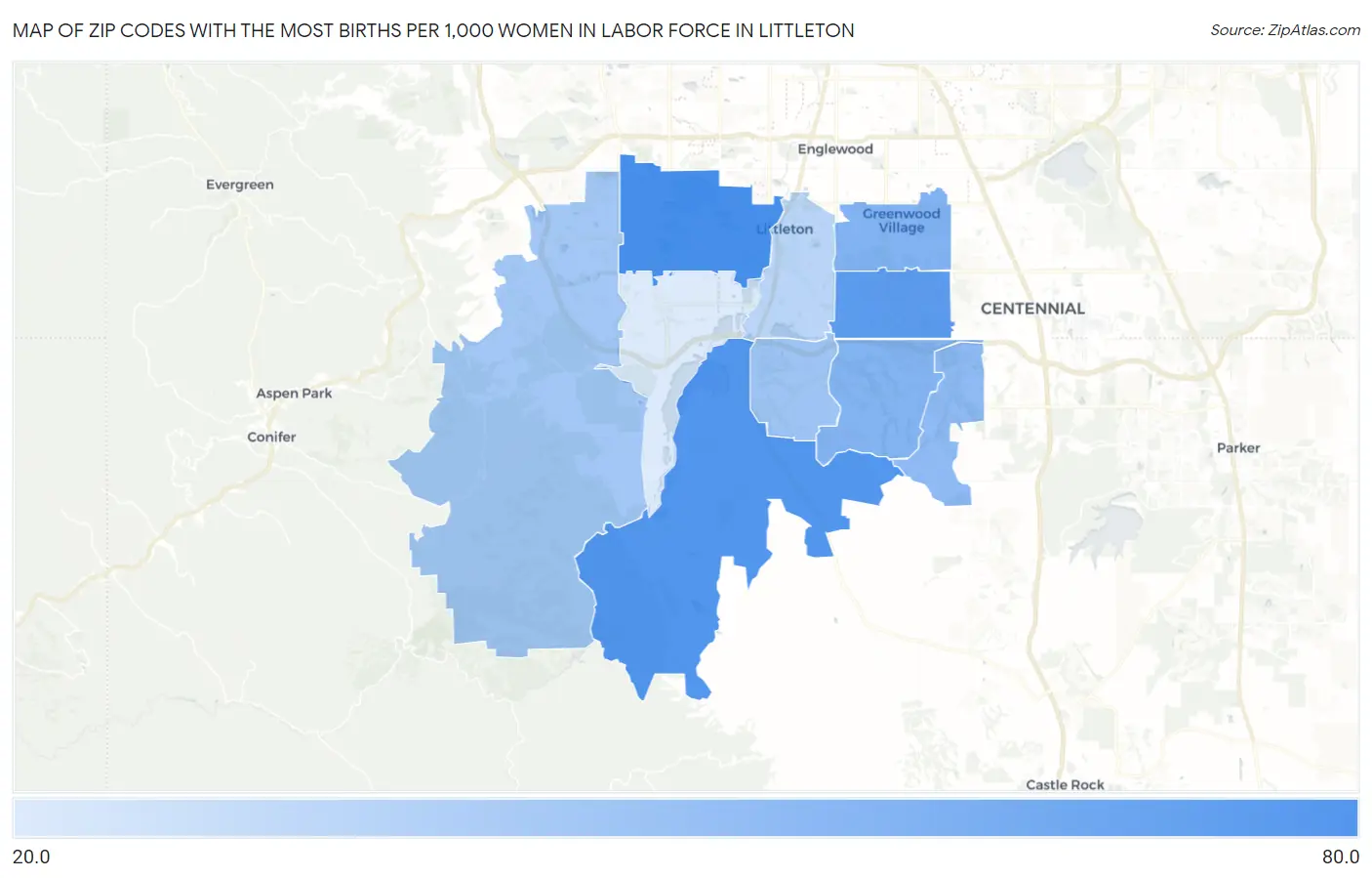 Zip Codes with the Most Births per 1,000 Women in Labor Force in Littleton Map
