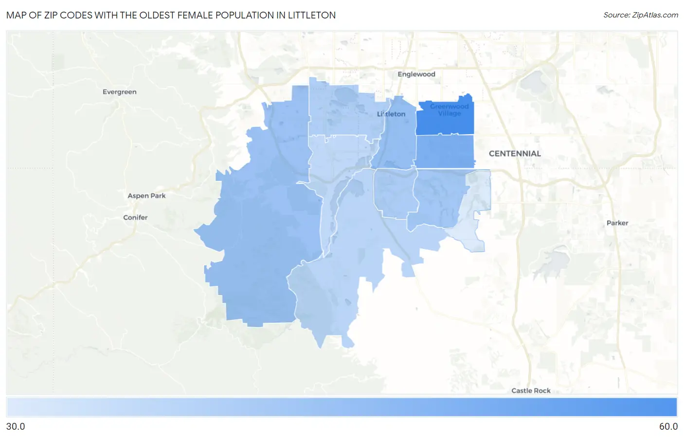 Zip Codes with the Oldest Female Population in Littleton Map