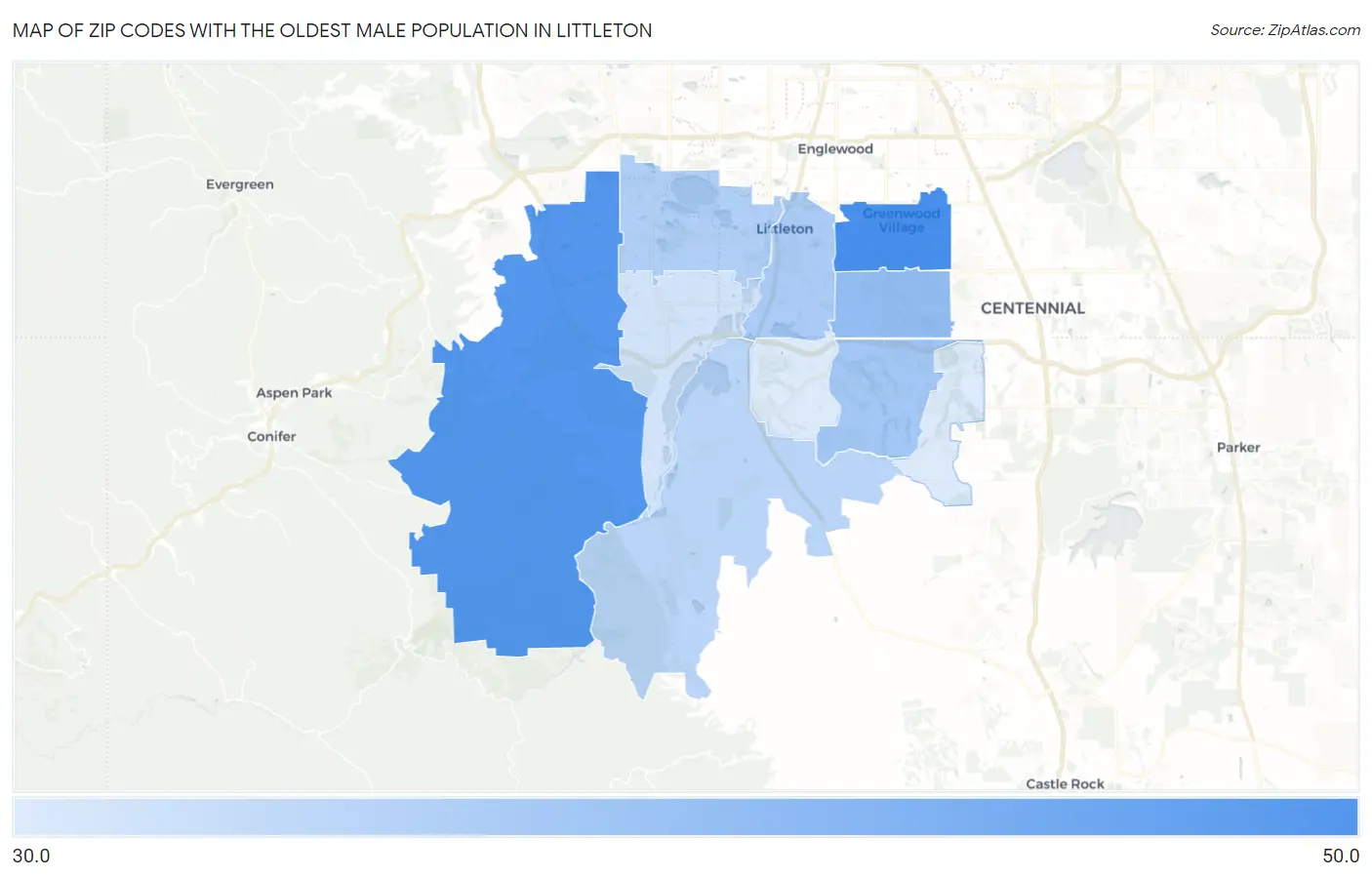Zip Codes with the Oldest Male Population in Littleton Map