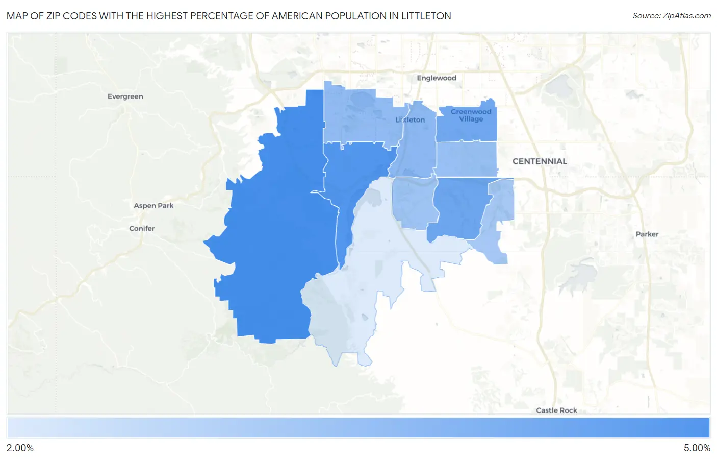 Zip Codes with the Highest Percentage of American Population in Littleton Map