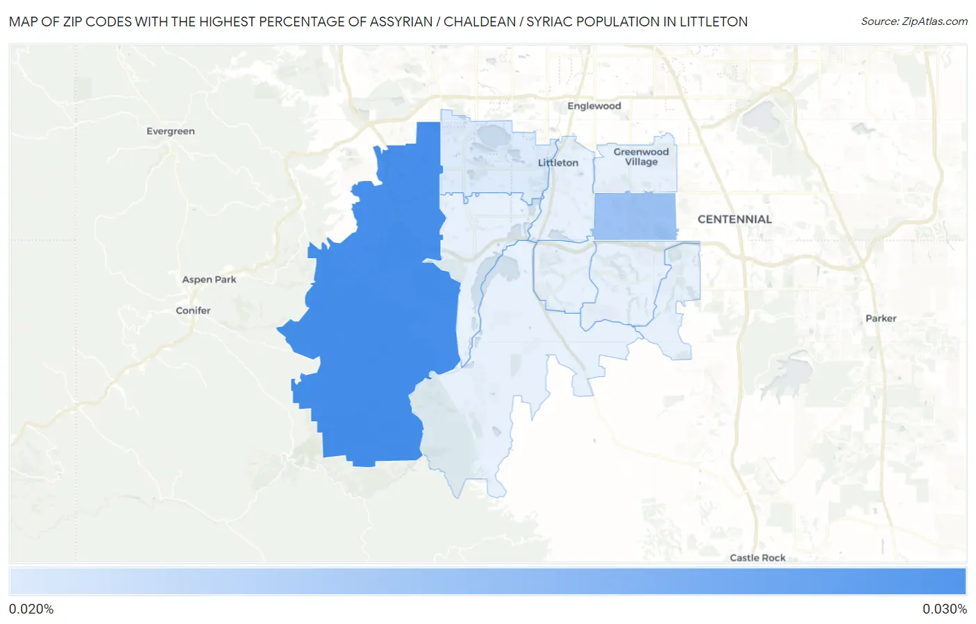 Zip Codes with the Highest Percentage of Assyrian / Chaldean / Syriac Population in Littleton Map