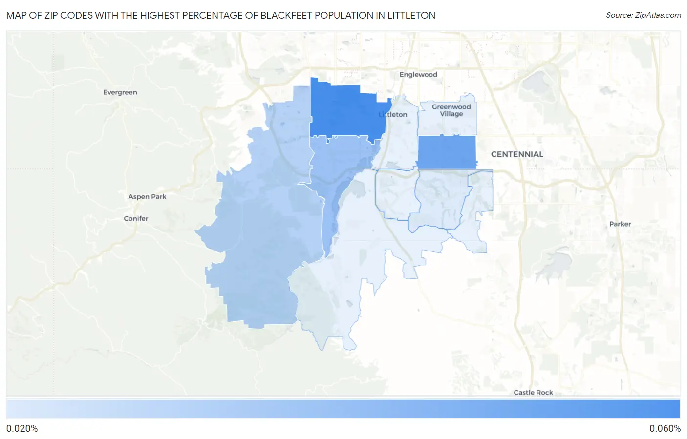 Zip Codes with the Highest Percentage of Blackfeet Population in Littleton Map