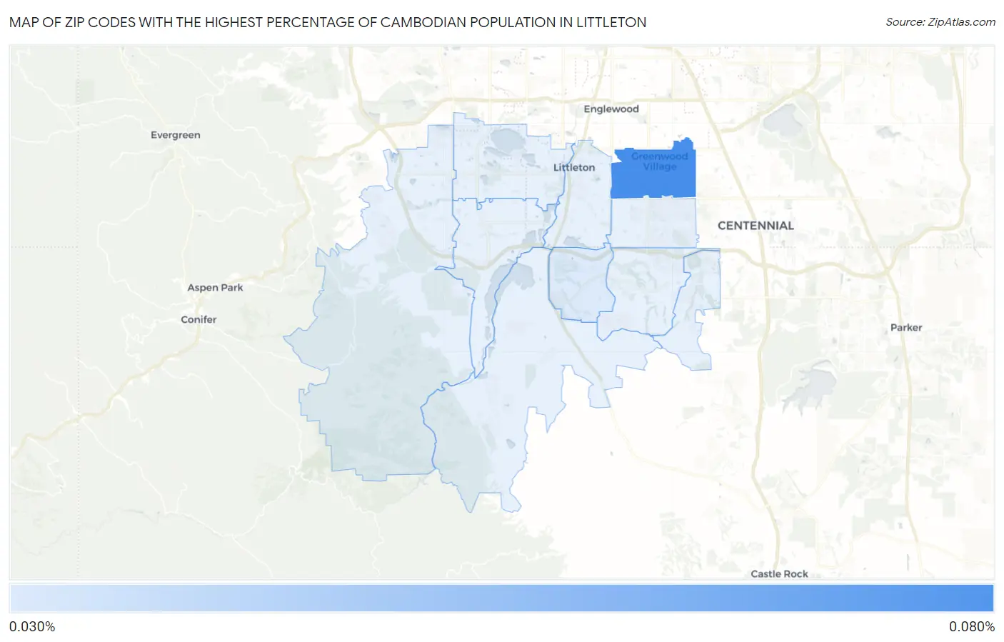 Zip Codes with the Highest Percentage of Cambodian Population in Littleton Map