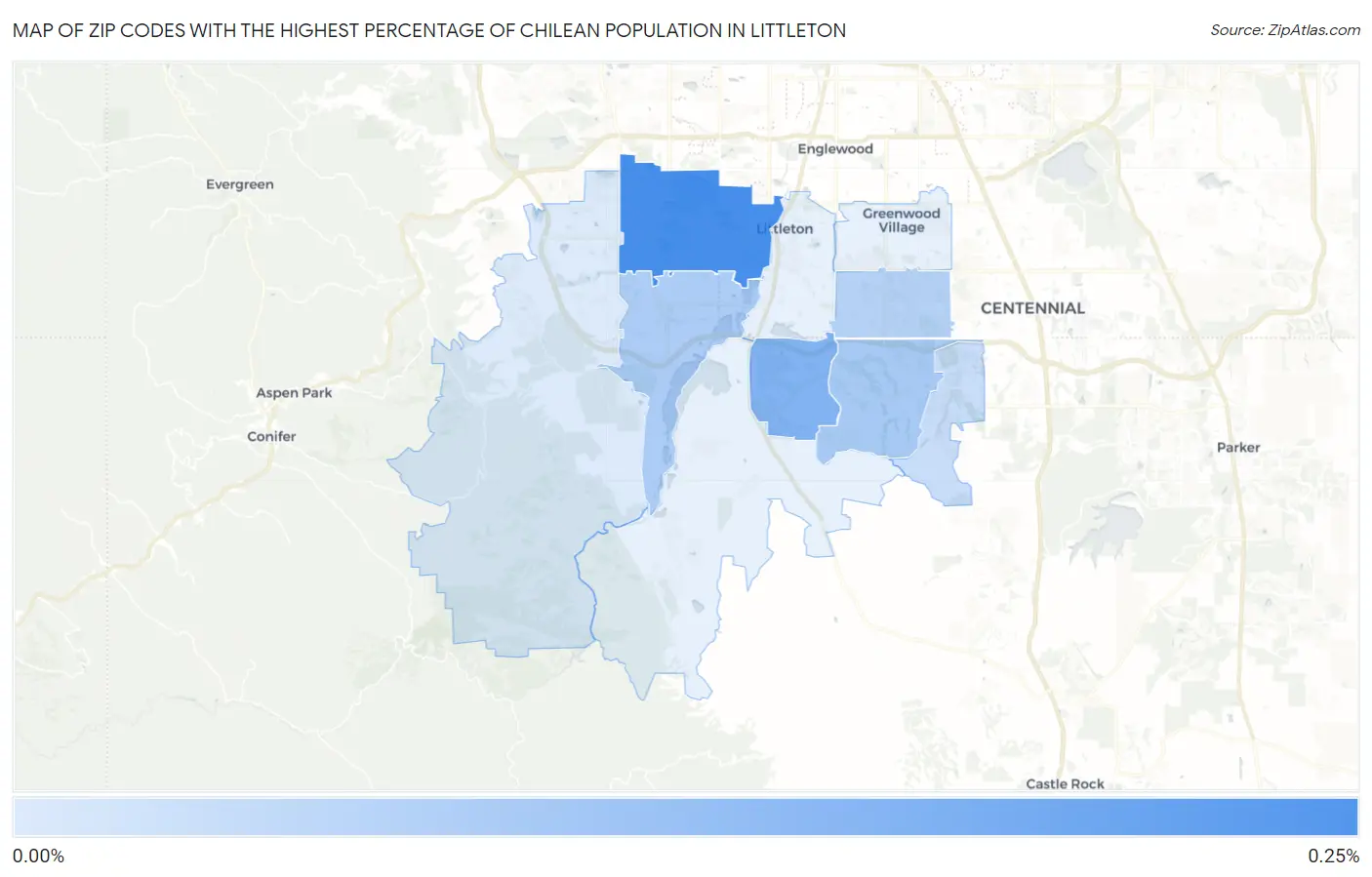 Zip Codes with the Highest Percentage of Chilean Population in Littleton Map
