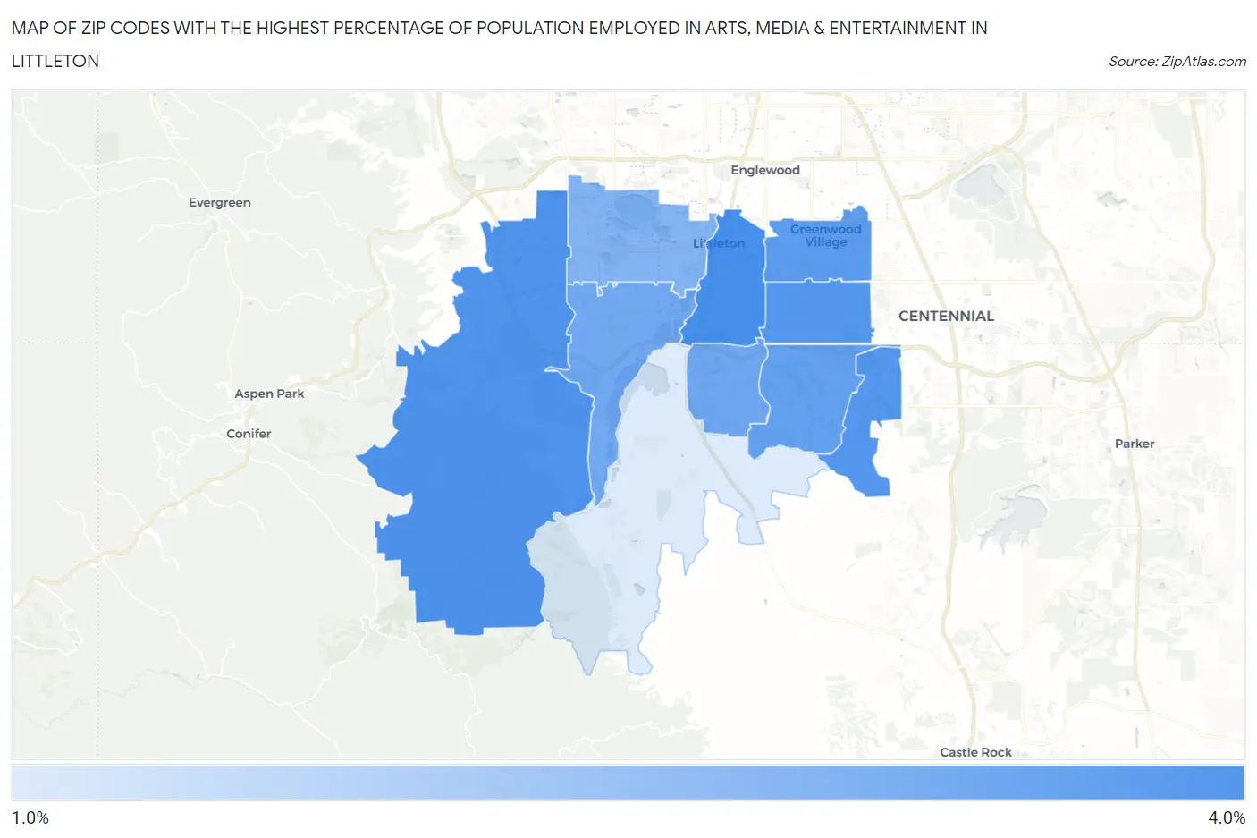 Zip Codes with the Highest Percentage of Population Employed in Arts, Media & Entertainment in Littleton Map