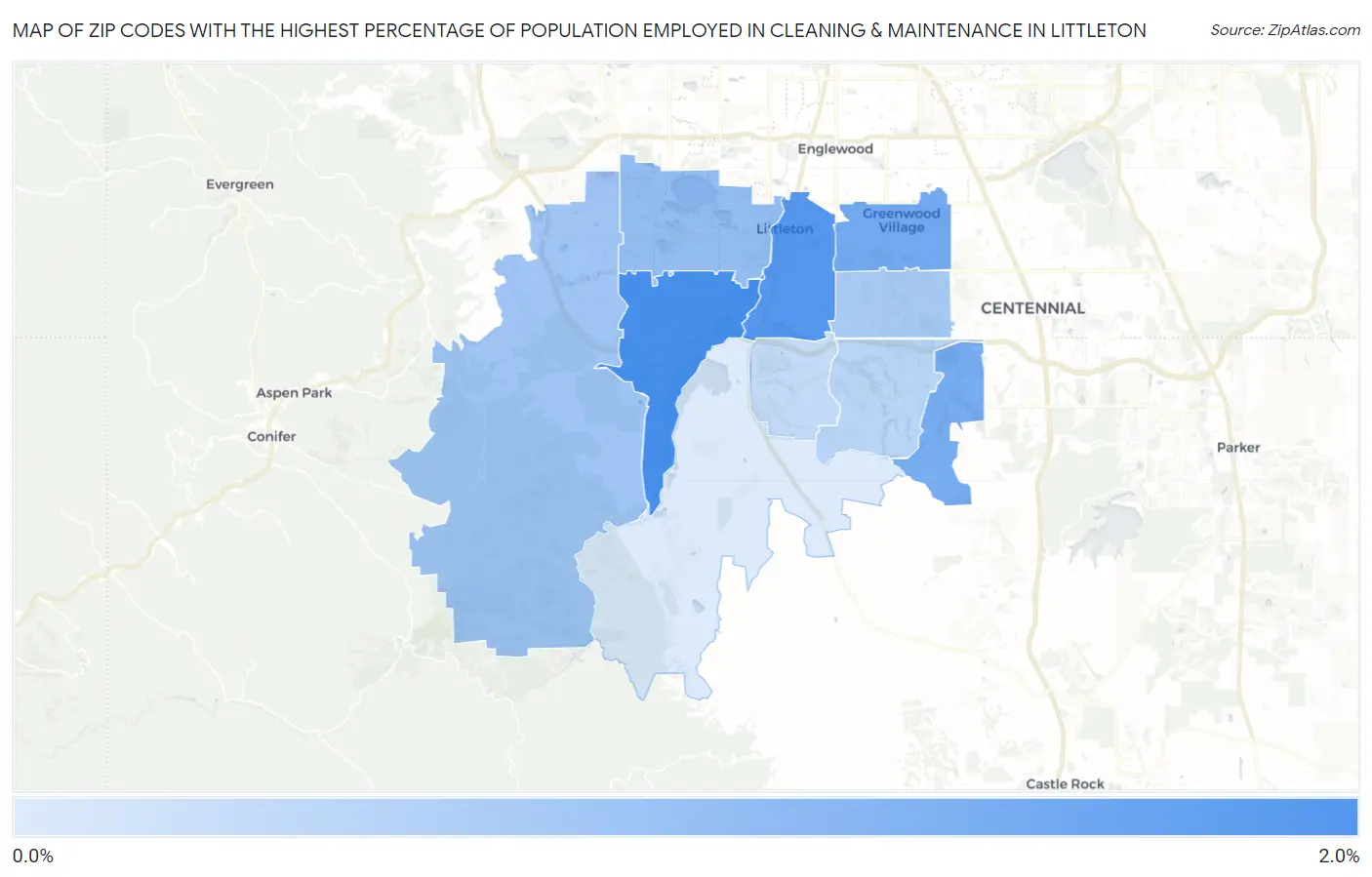 Zip Codes with the Highest Percentage of Population Employed in Cleaning & Maintenance in Littleton Map