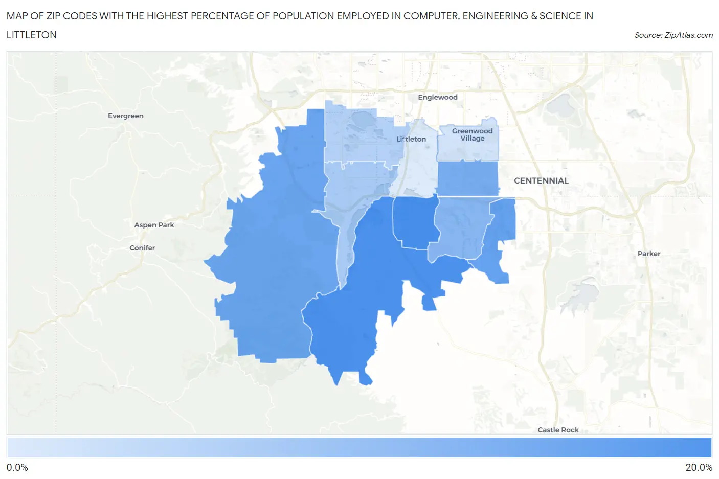 Zip Codes with the Highest Percentage of Population Employed in Computer, Engineering & Science in Littleton Map