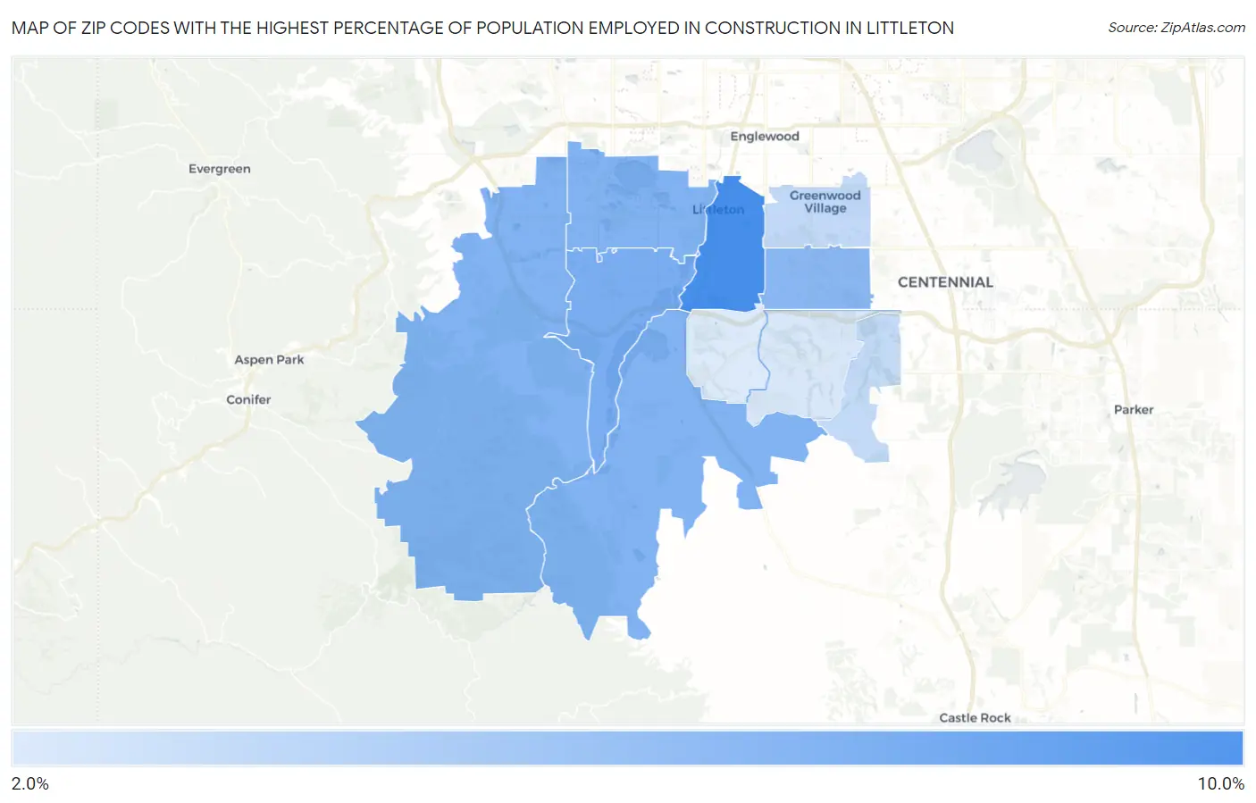 Zip Codes with the Highest Percentage of Population Employed in Construction in Littleton Map