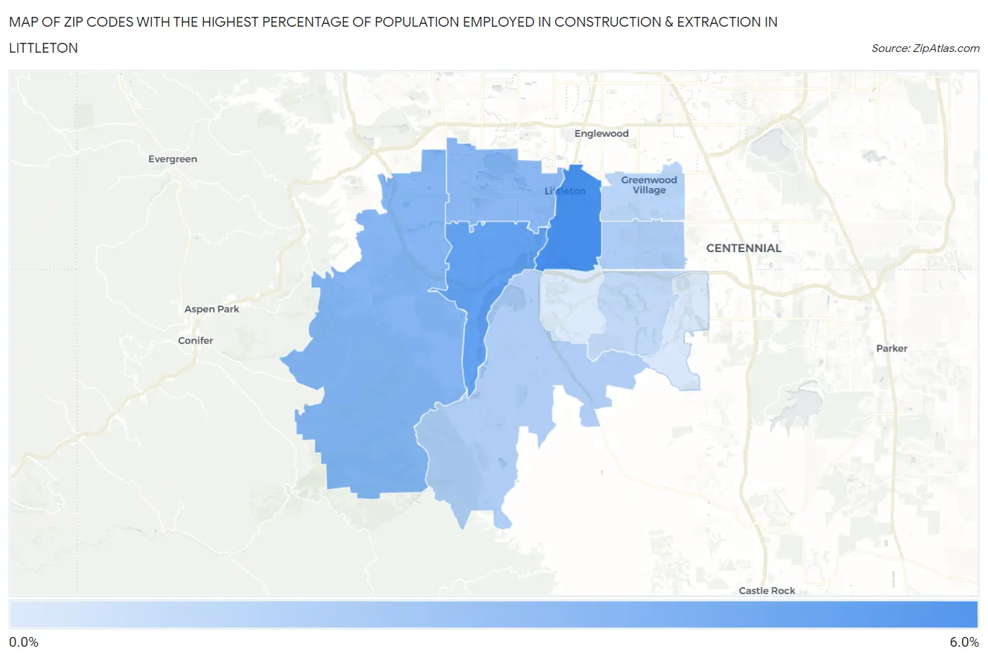 Zip Codes with the Highest Percentage of Population Employed in Construction & Extraction in Littleton Map