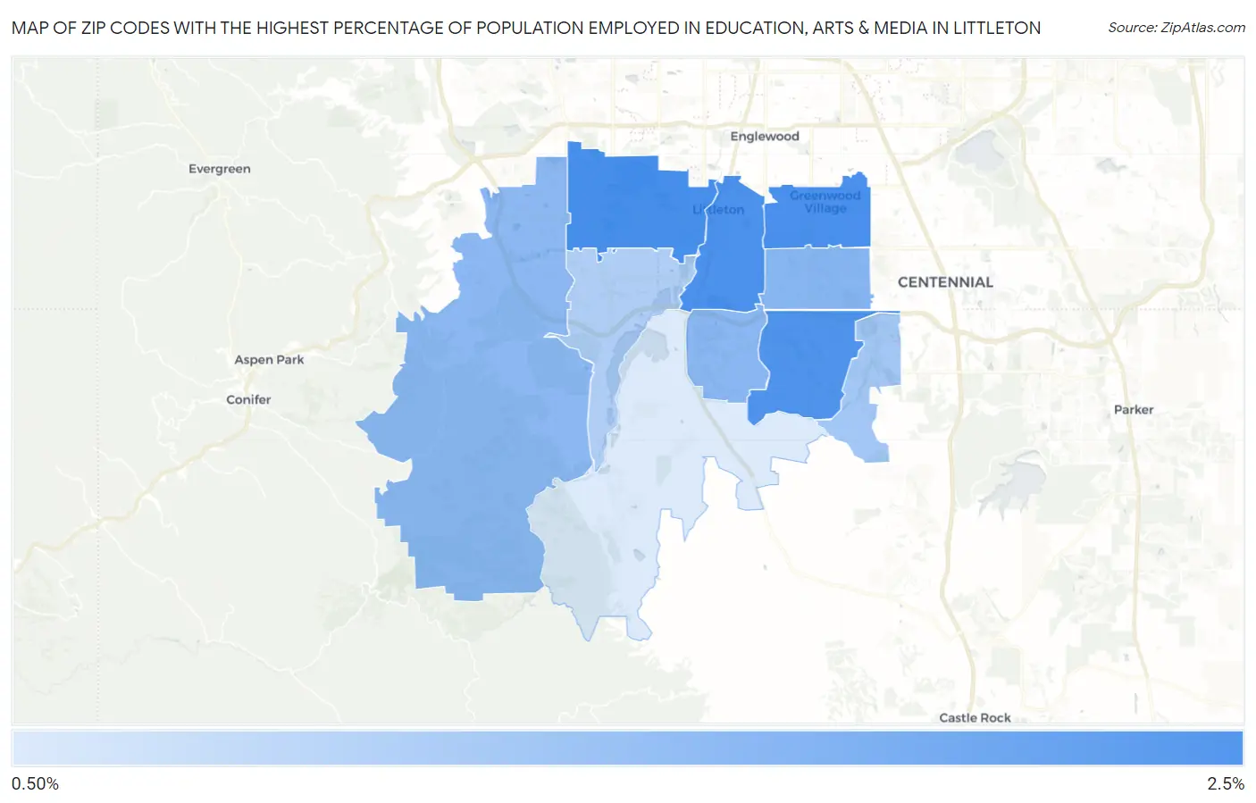 Zip Codes with the Highest Percentage of Population Employed in Education, Arts & Media in Littleton Map