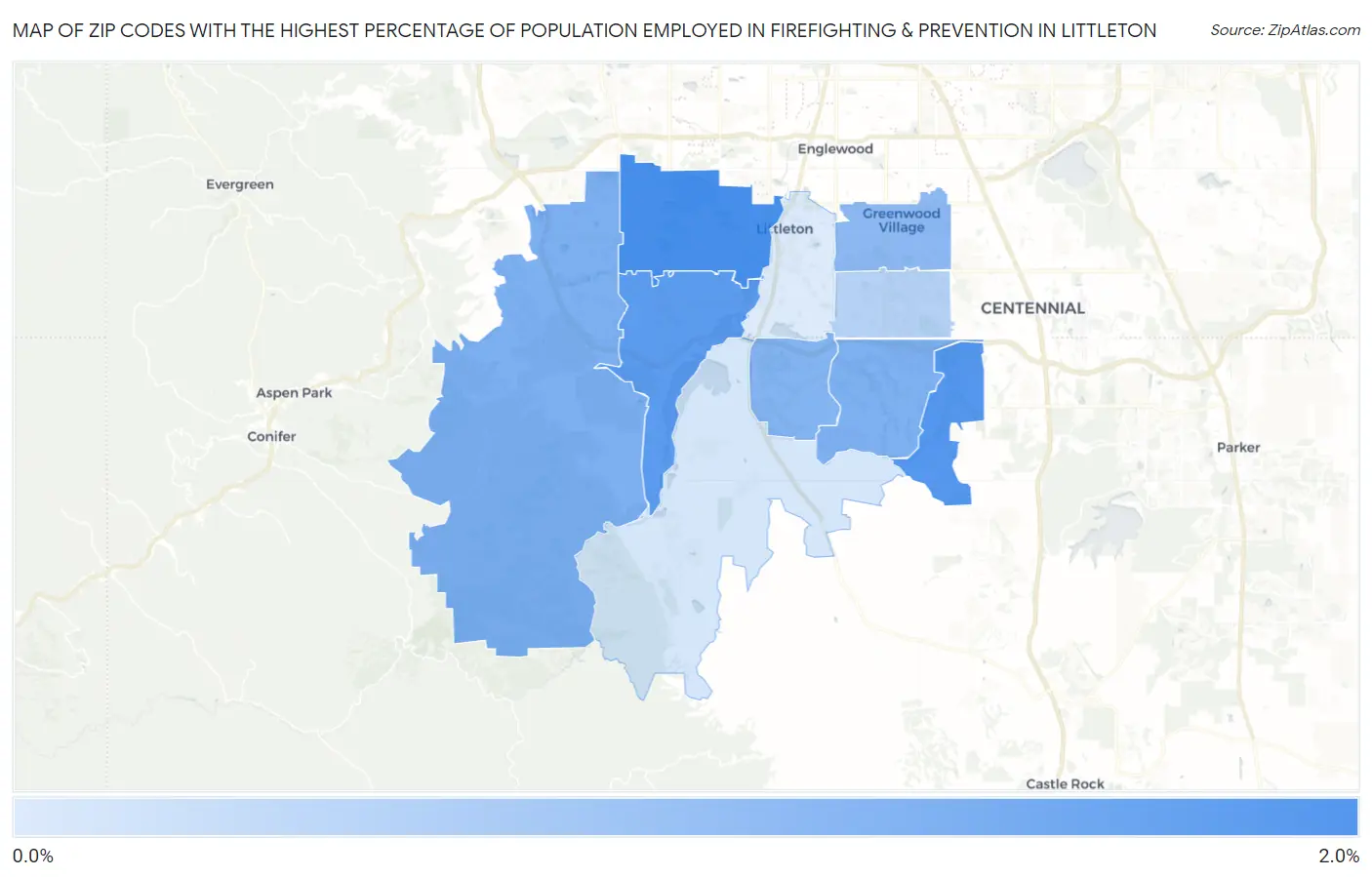 Zip Codes with the Highest Percentage of Population Employed in Firefighting & Prevention in Littleton Map