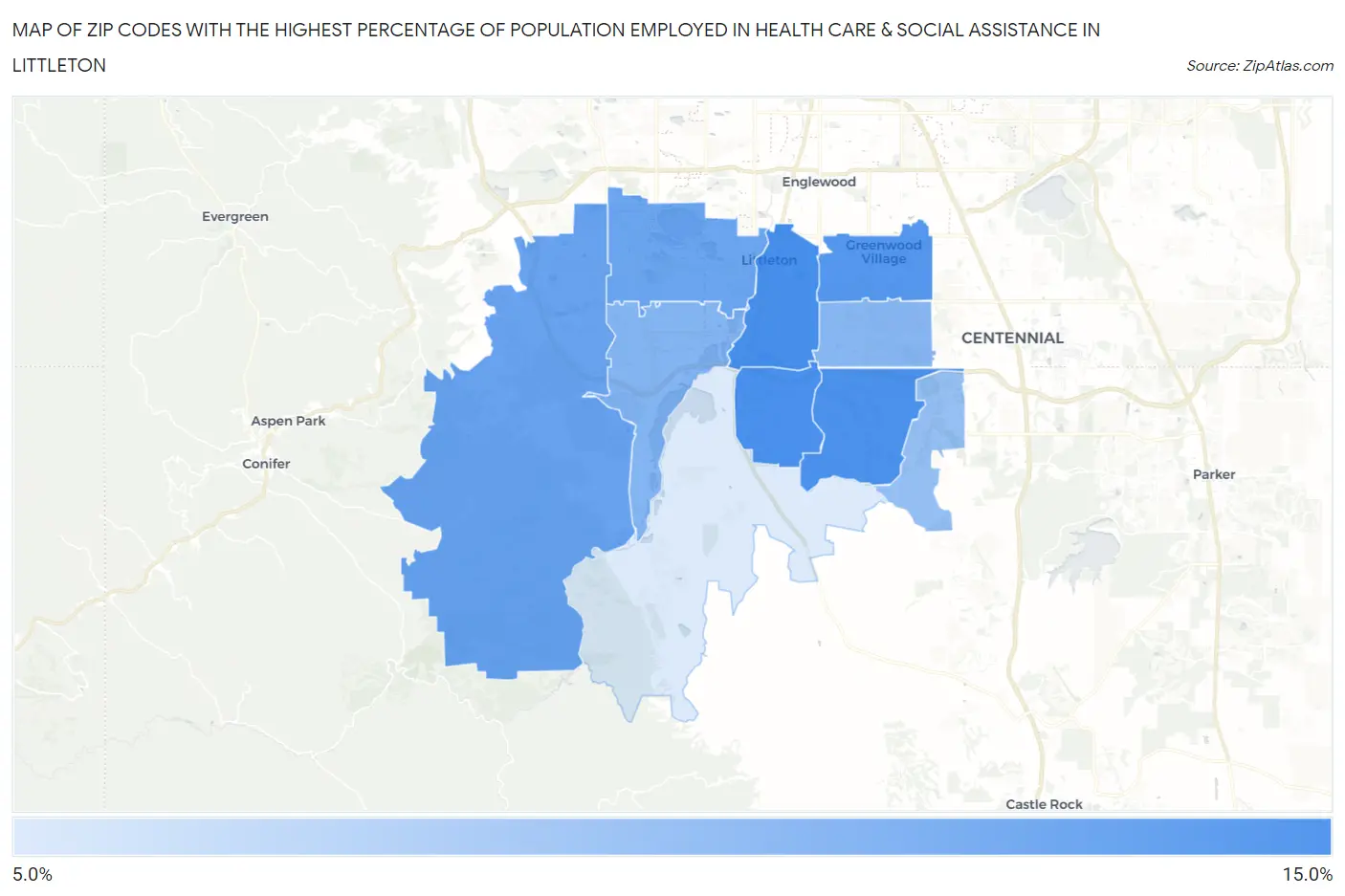 Zip Codes with the Highest Percentage of Population Employed in Health Care & Social Assistance in Littleton Map