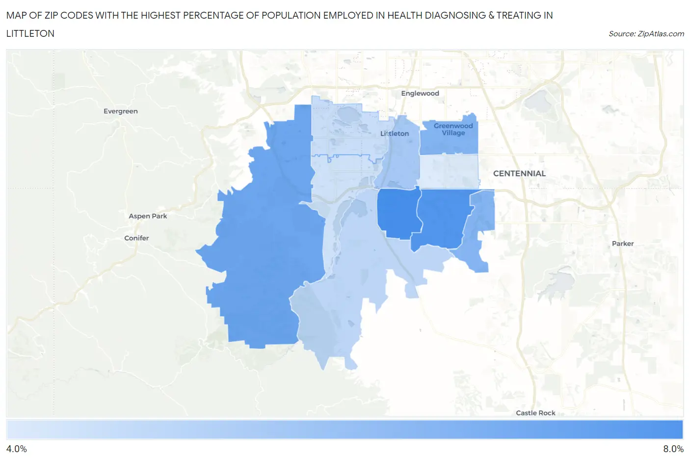 Zip Codes with the Highest Percentage of Population Employed in Health Diagnosing & Treating in Littleton Map