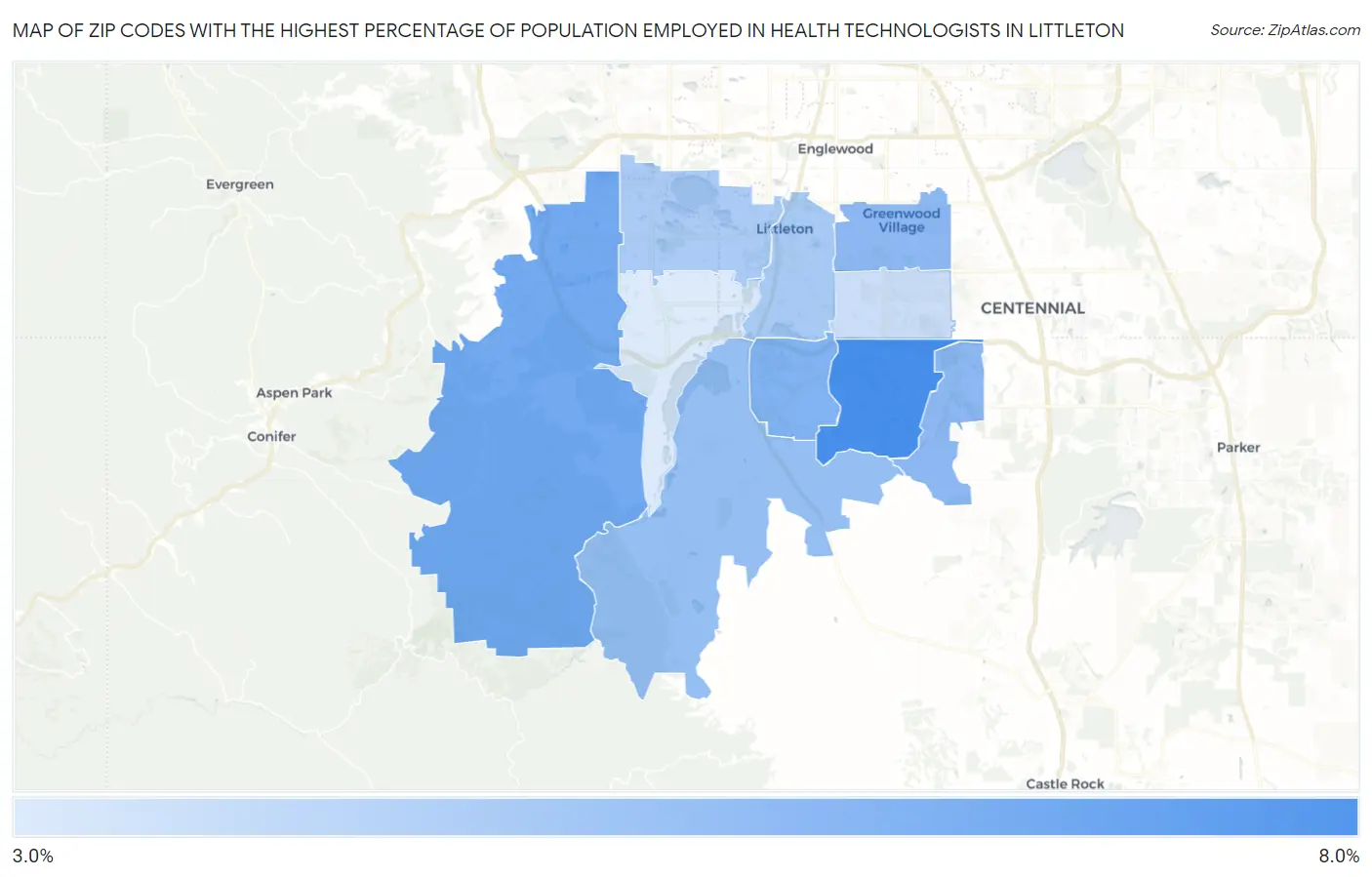 Zip Codes with the Highest Percentage of Population Employed in Health Technologists in Littleton Map