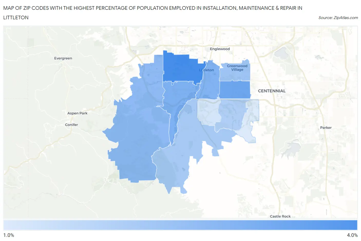 Zip Codes with the Highest Percentage of Population Employed in Installation, Maintenance & Repair in Littleton Map