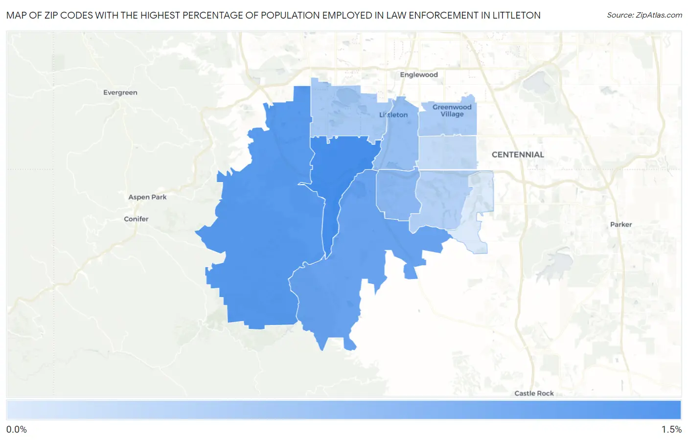 Zip Codes with the Highest Percentage of Population Employed in Law Enforcement in Littleton Map
