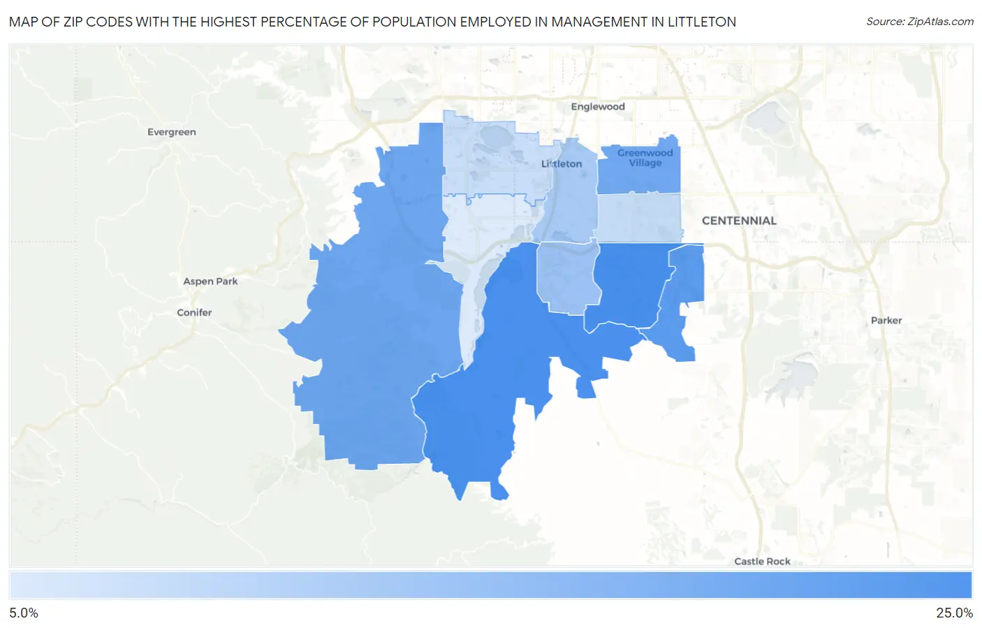 Zip Codes with the Highest Percentage of Population Employed in Management in Littleton Map