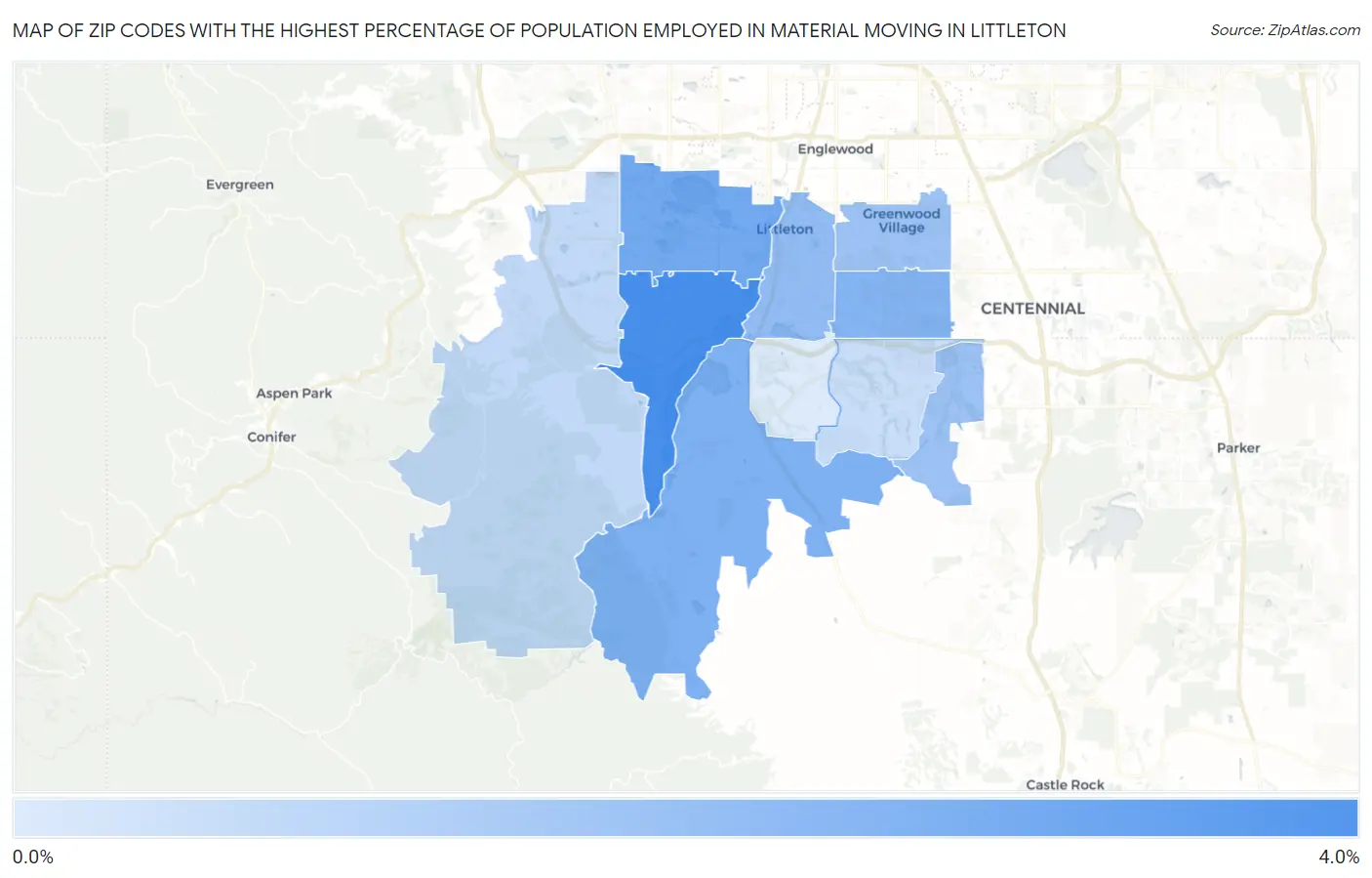 Zip Codes with the Highest Percentage of Population Employed in Material Moving in Littleton Map
