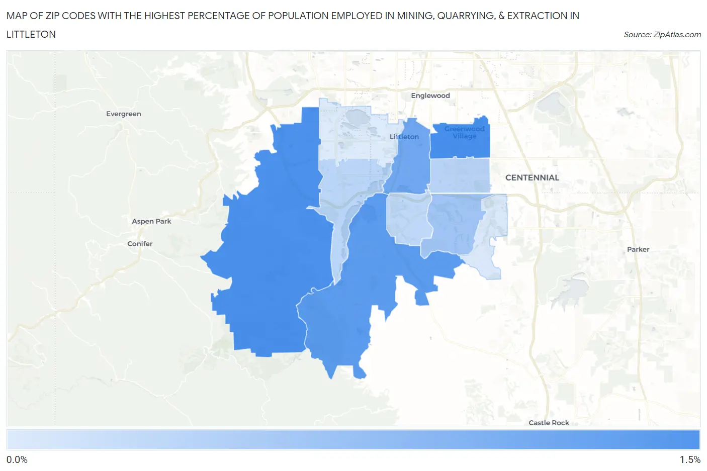 Zip Codes with the Highest Percentage of Population Employed in Mining, Quarrying, & Extraction in Littleton Map