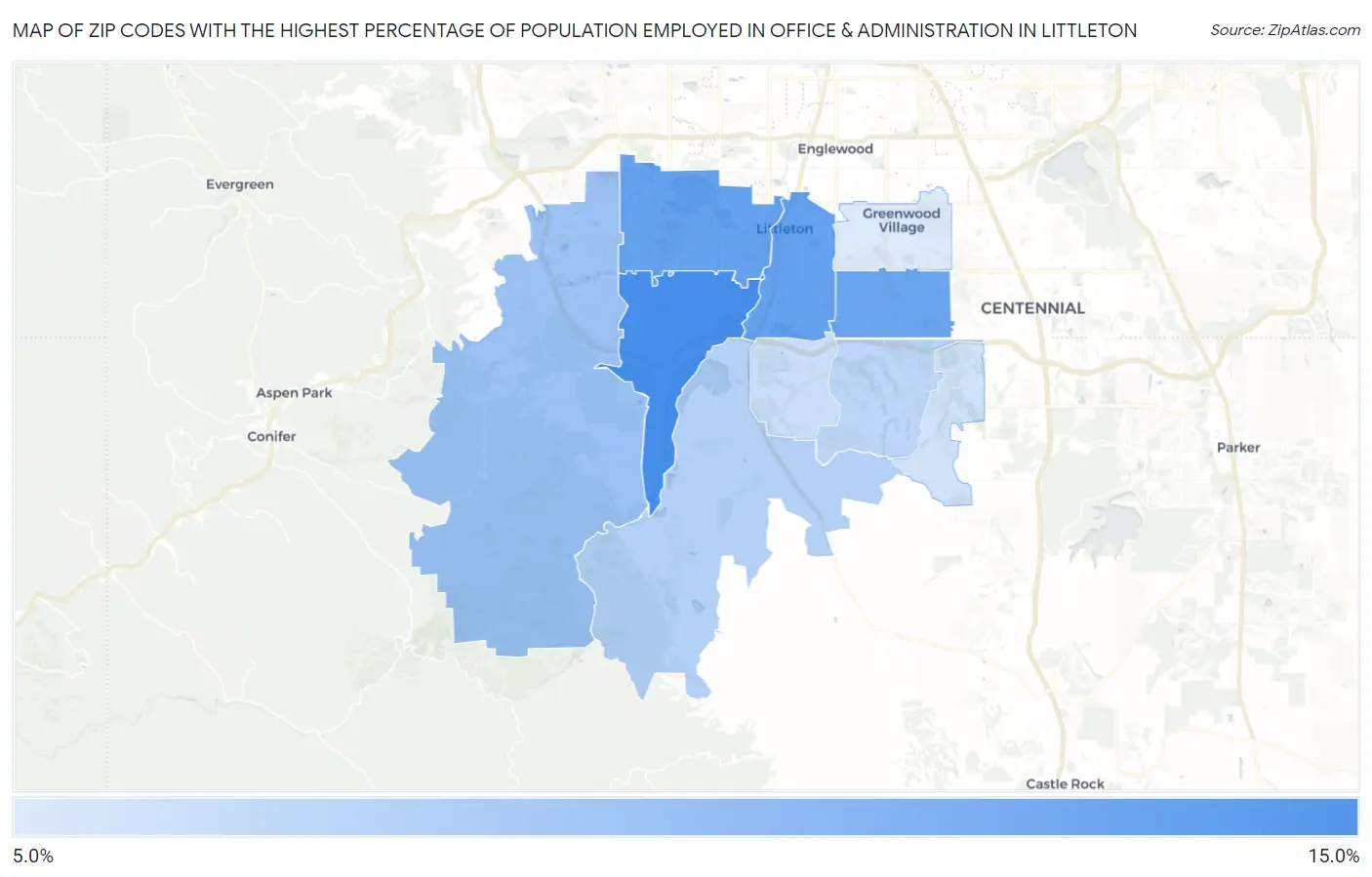 Zip Codes with the Highest Percentage of Population Employed in Office & Administration in Littleton Map