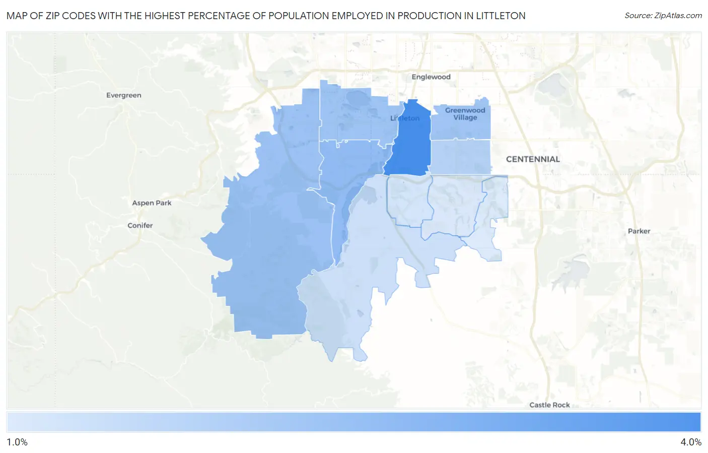 Zip Codes with the Highest Percentage of Population Employed in Production in Littleton Map