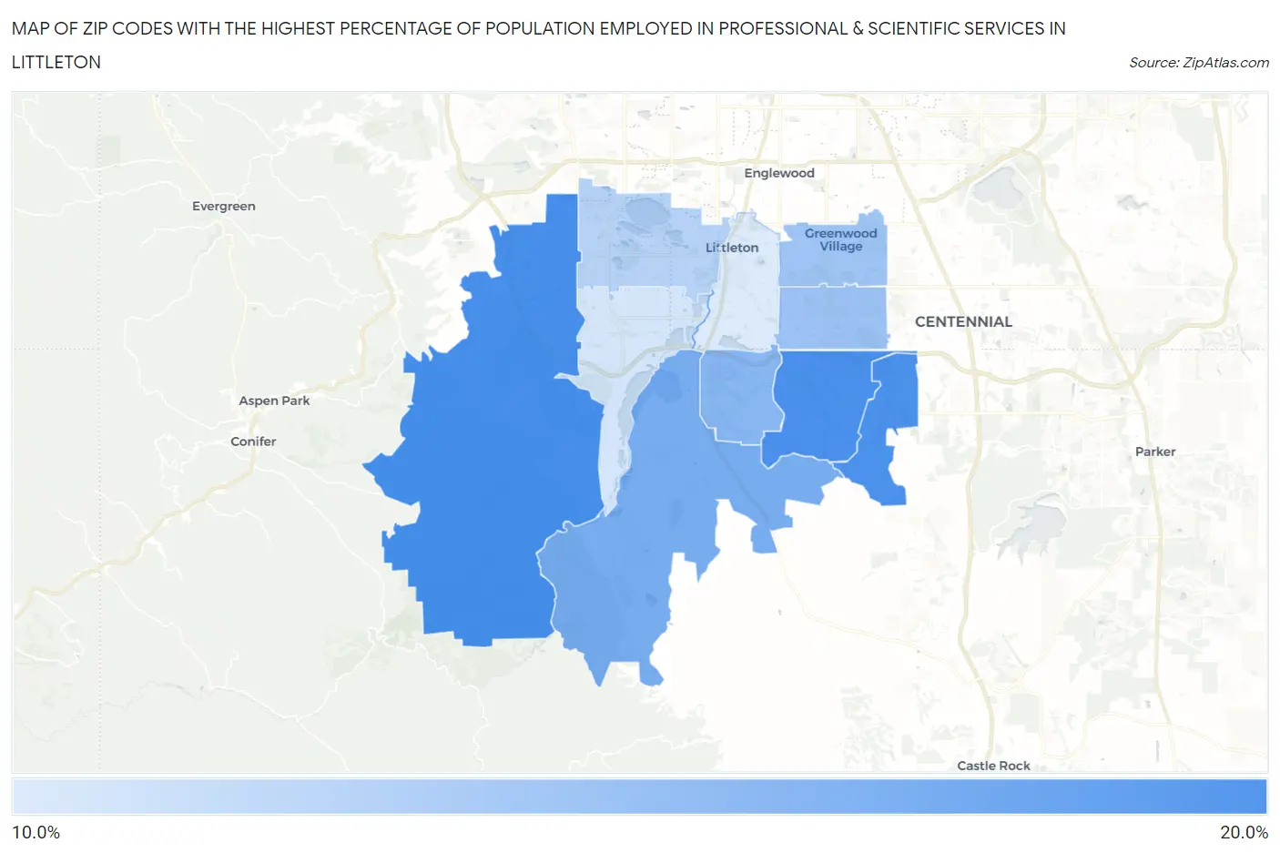 Zip Codes with the Highest Percentage of Population Employed in Professional & Scientific Services in Littleton Map