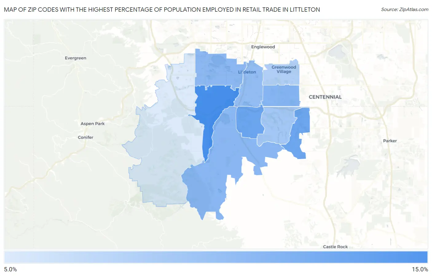 Zip Codes with the Highest Percentage of Population Employed in Retail Trade in Littleton Map