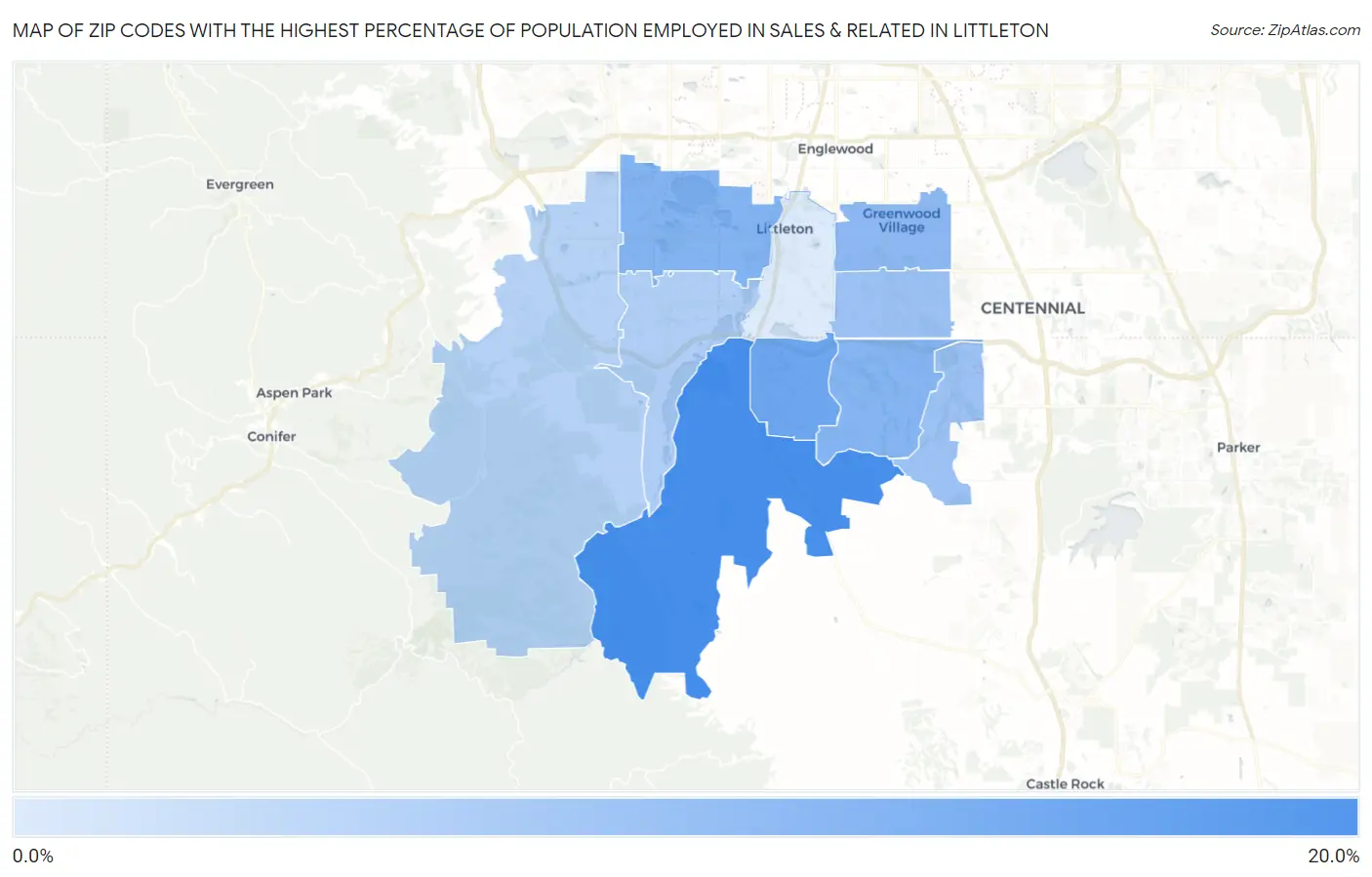 Zip Codes with the Highest Percentage of Population Employed in Sales & Related in Littleton Map