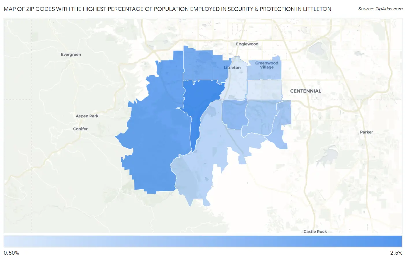 Zip Codes with the Highest Percentage of Population Employed in Security & Protection in Littleton Map