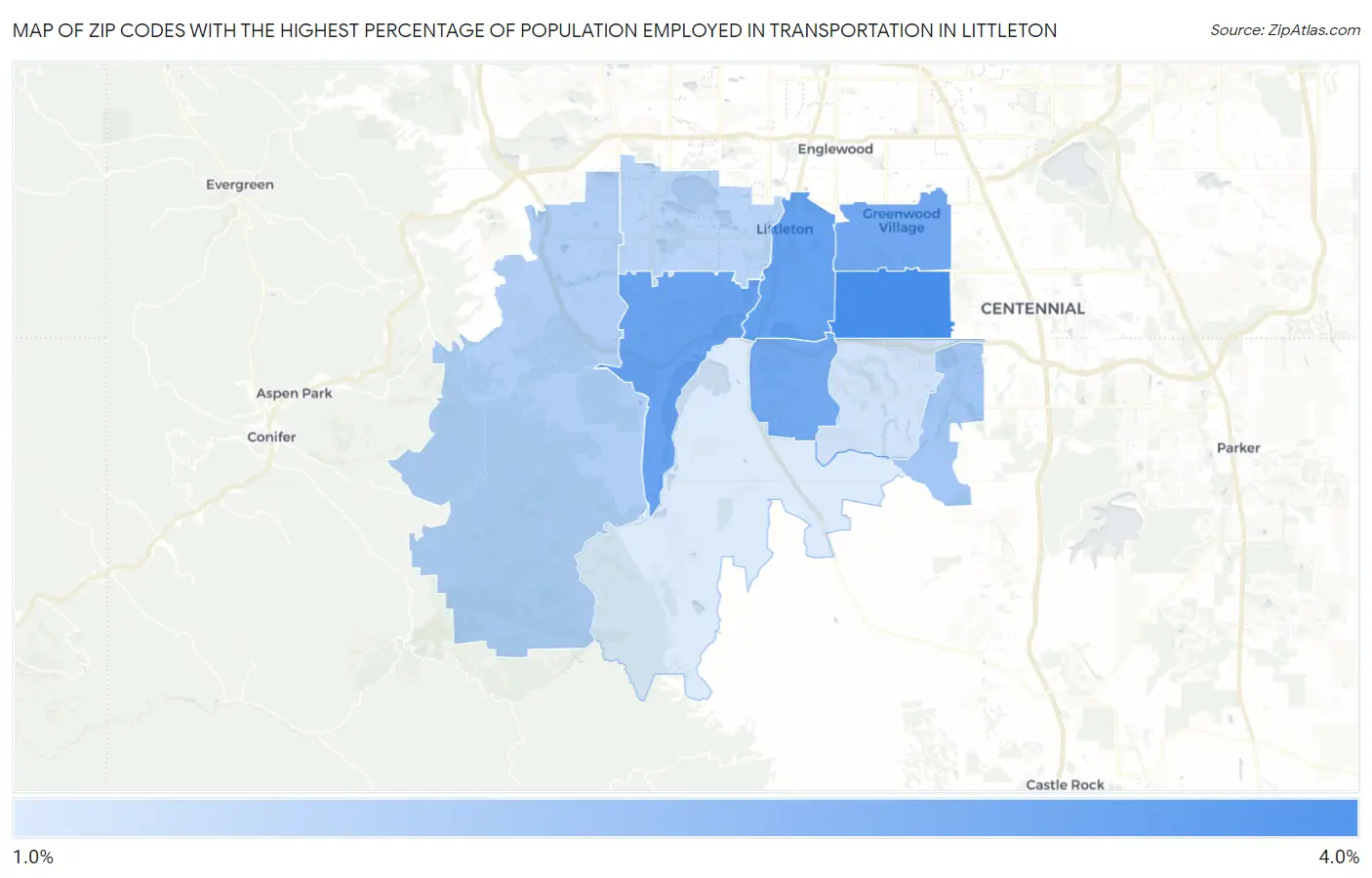 Zip Codes with the Highest Percentage of Population Employed in Transportation in Littleton Map