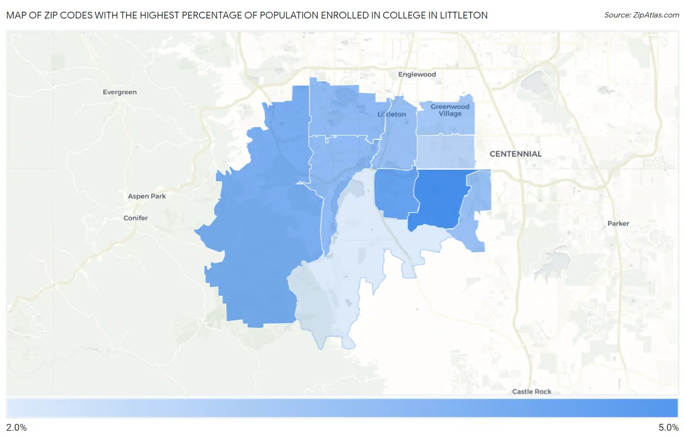 Zip Codes with the Highest Percentage of Population Enrolled in College in Littleton Map