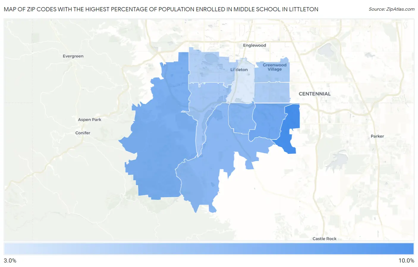 Zip Codes with the Highest Percentage of Population Enrolled in Middle School in Littleton Map