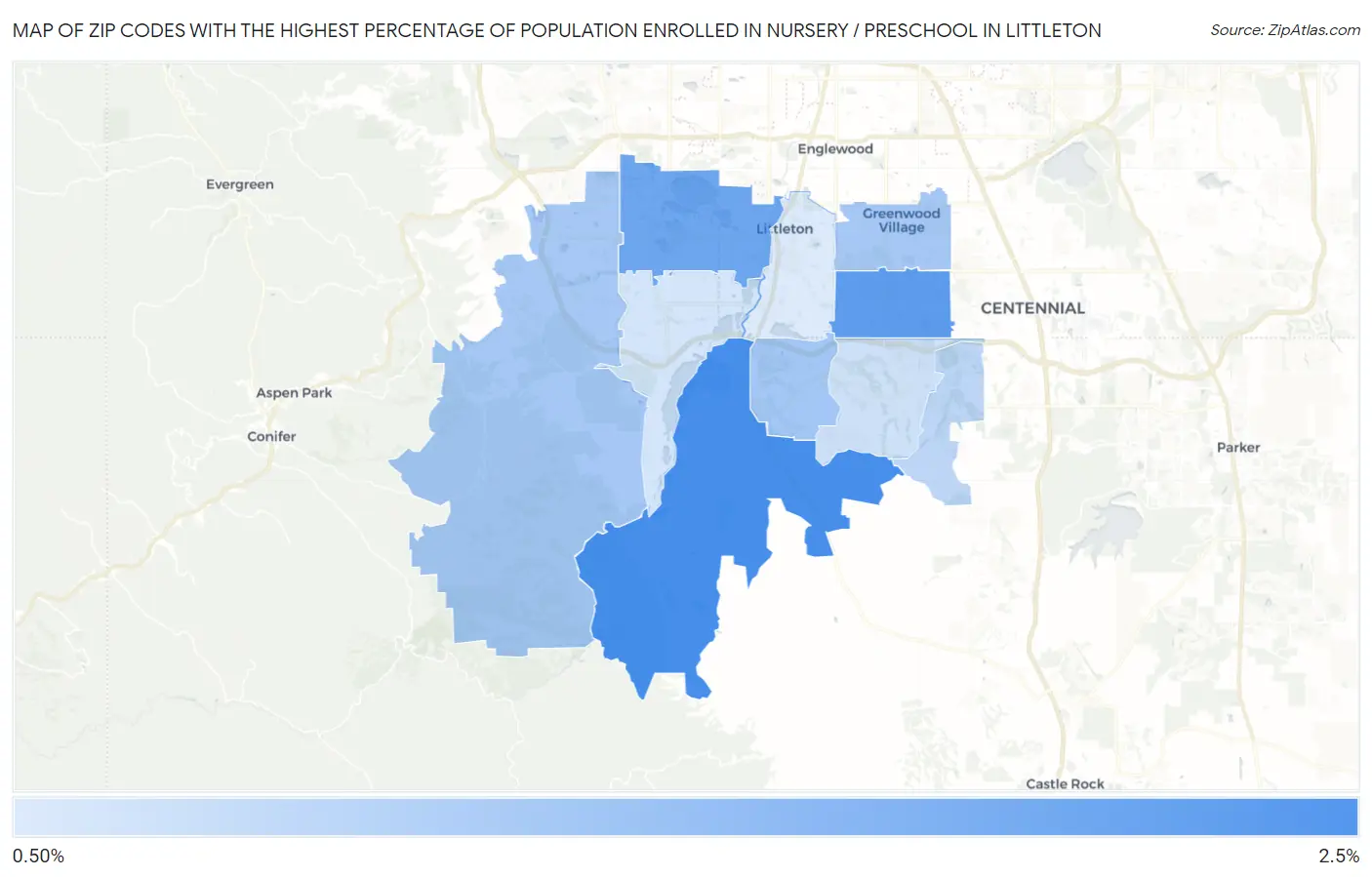 Zip Codes with the Highest Percentage of Population Enrolled in Nursery / Preschool in Littleton Map