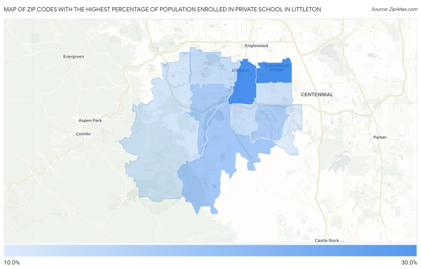 Zip Codes with the Highest Percentage of Population Enrolled in Private School in Littleton Map