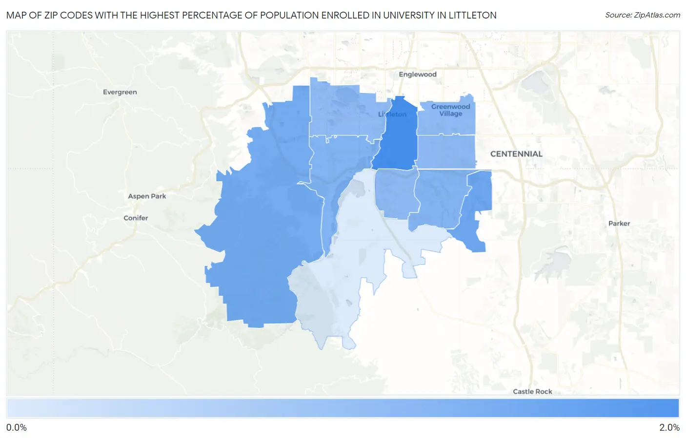 Zip Codes with the Highest Percentage of Population Enrolled in University in Littleton Map