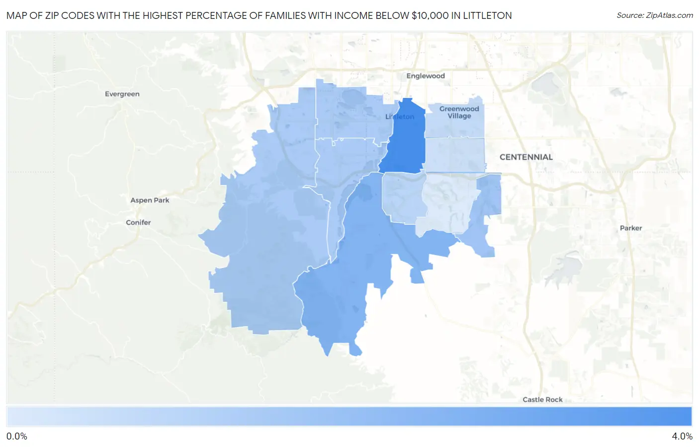 Zip Codes with the Highest Percentage of Families with Income Below $10,000 in Littleton Map